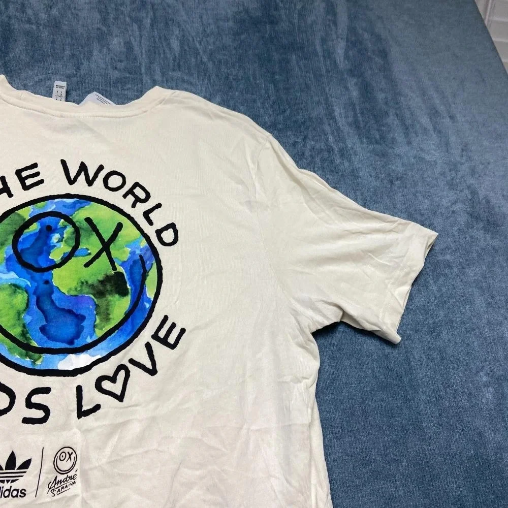Adidas T-Shirt Mens Large Beige The World Needs Love Graphic Casual Outdoor Tee